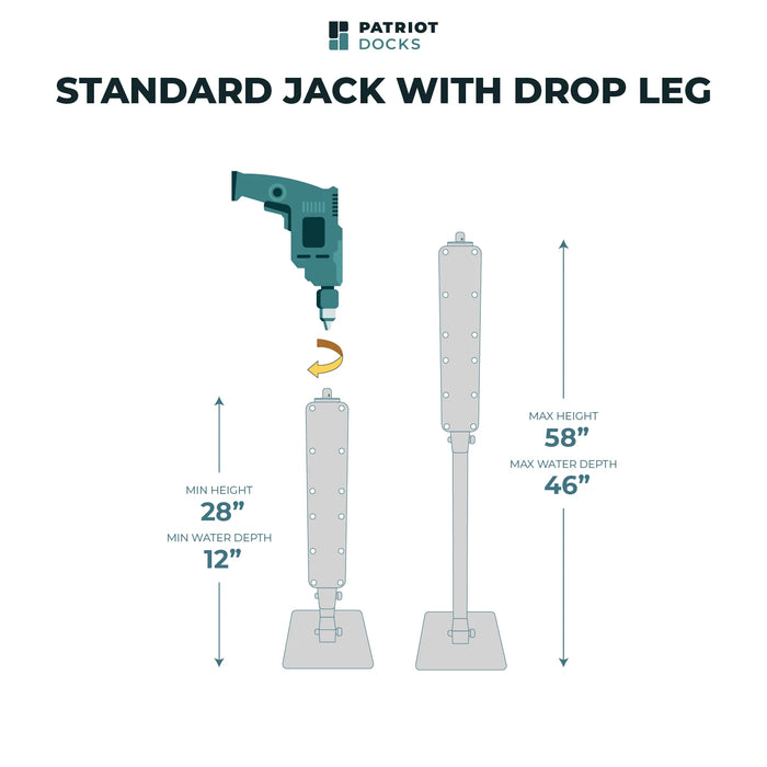 Diagram of a standard jack with drop leg from Patriot Docks, showing dimensions and components.