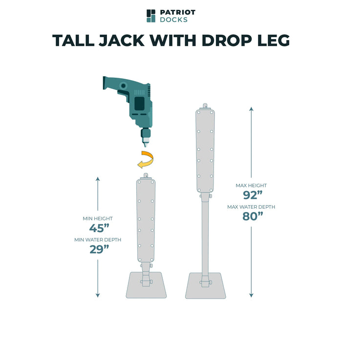 Patriot Docks Tall Jack with Drop Leg diagram showing dimensions and features on a white background.