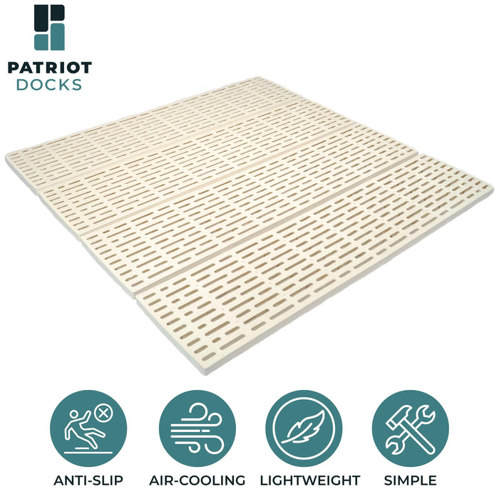 Beige dock mat with Patriot Docks branding and feature icons on a white background