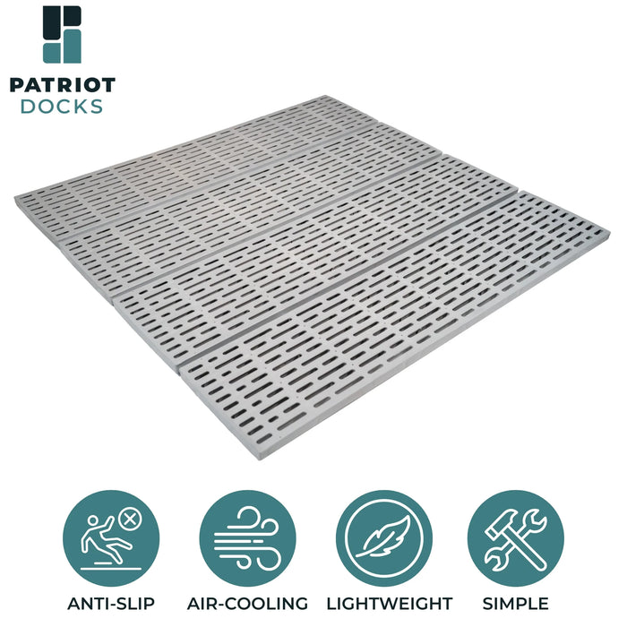 Gray dock plate with Patriot Docks branding and feature icons on a white background