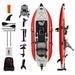 Red and white inflatable kayak with accessories on a white background