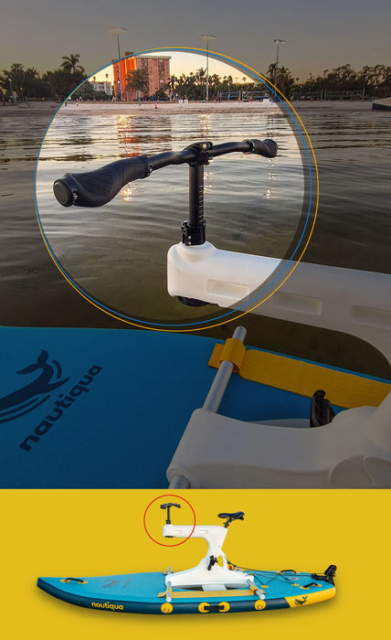 Paddleboard with mounted device on a body of water, featuring Nautique branding.
