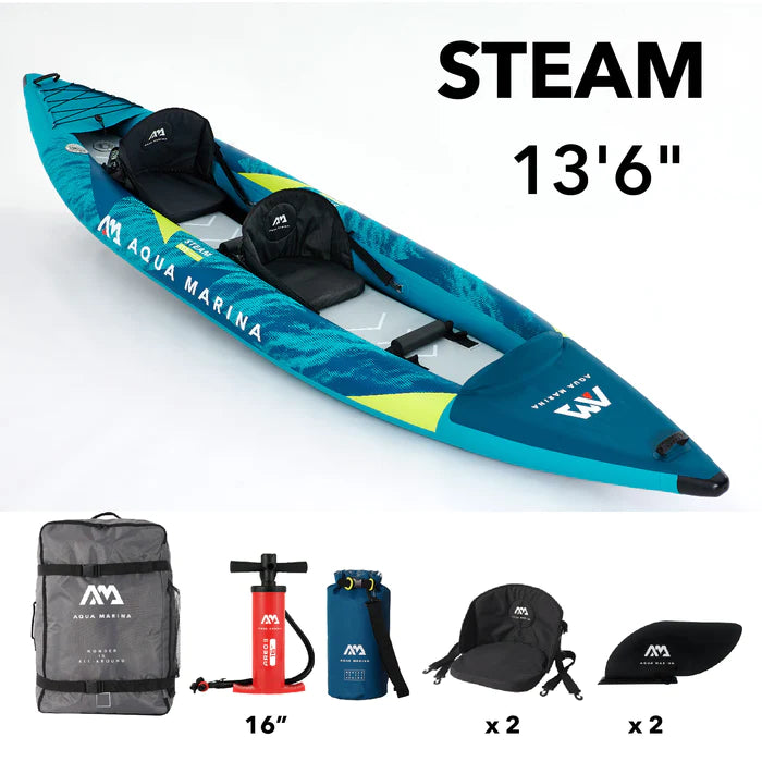 Aqua Marina STEAM 13'6" - Recreational / White Water Tandem Kayak Package, Includes Carry Bag, Fin, Pump & Safety Harness - Aqua Gear Supply