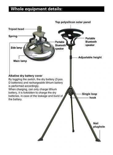 TRU De-LIGHT Multipurpose Singing Music Solar LED Light - Garden, Camping Portable Light, Strong Bluetooth Speaker / Main Light + 3 Independent Detachable Multi Mode Lights / Tripod+Carry Bag - Aqua Gear Supply