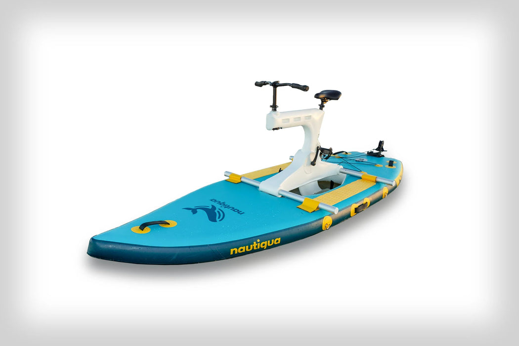 Blue and yellow Nautica stand-up paddleboard on a white background