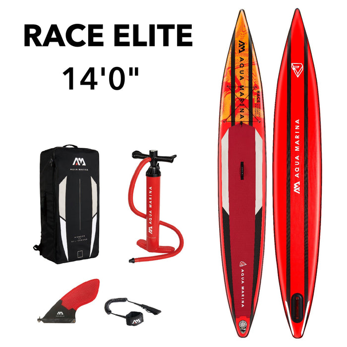 Aqua Marina Stand Up Paddle Board - RACE ELITE 14′ 0″ - Inflatable SUP Package, including Carry Bag, Fin, Pump & Safety Harness - Aqua Gear Supply