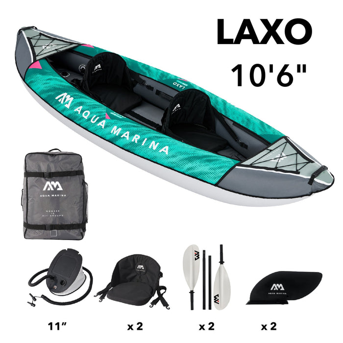 Aqua Marina,2 Person, RECREATIONAL KAYAK - LAXO 10’6″ - Inflatable KAYAK Package, including Carry Bag, Paddle, Fin, Pump & Safety Harness - Aqua Gear Supply